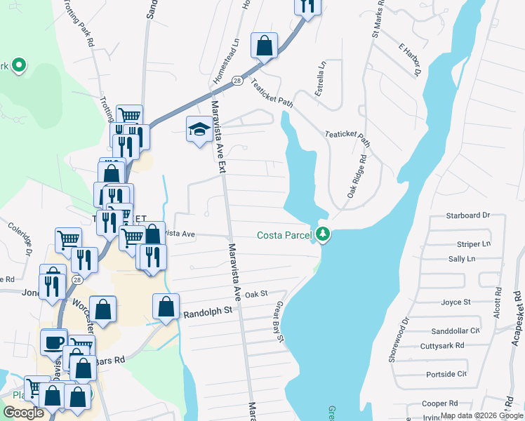 map of restaurants, bars, coffee shops, grocery stores, and more near 29 Morris Street in Falmouth