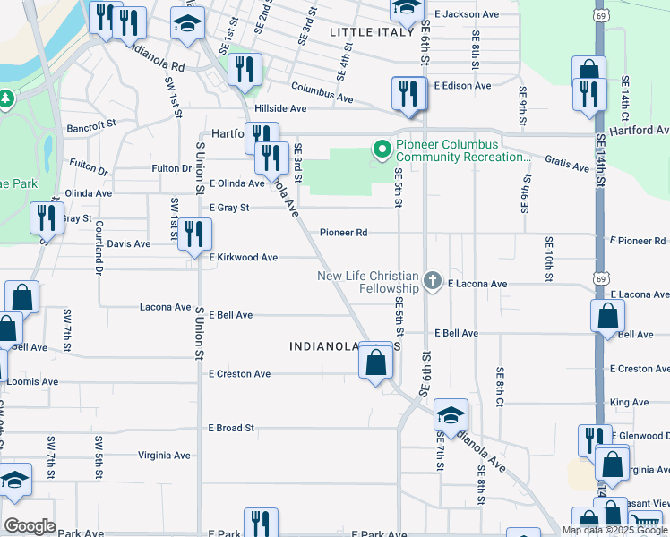 map of restaurants, bars, coffee shops, grocery stores, and more near 2311 Indianola Avenue in Des Moines
