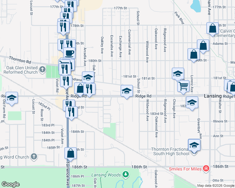 map of restaurants, bars, coffee shops, grocery stores, and more near 2654 Ridge Road in Lansing
