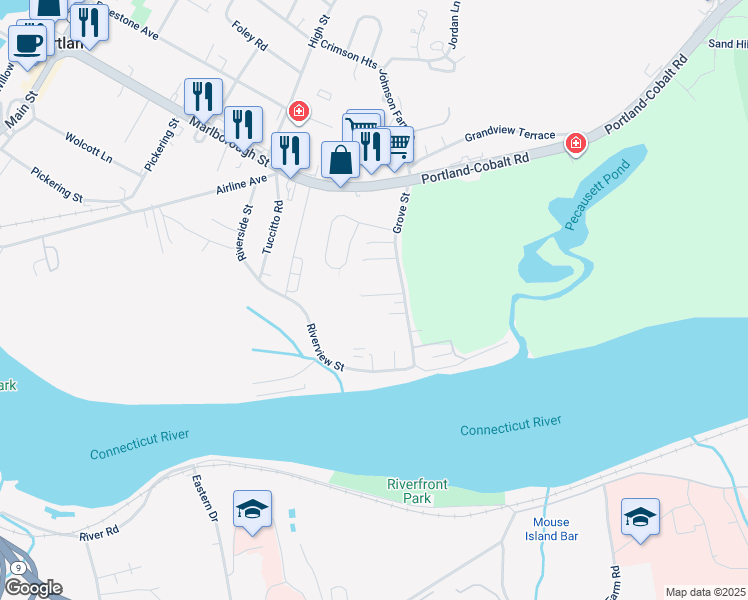 map of restaurants, bars, coffee shops, grocery stores, and more near 8 Grove Road in Portland