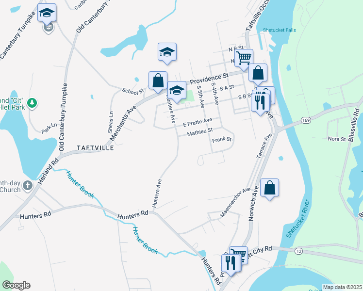 map of restaurants, bars, coffee shops, grocery stores, and more near 77 Hunters Avenue in Norwich