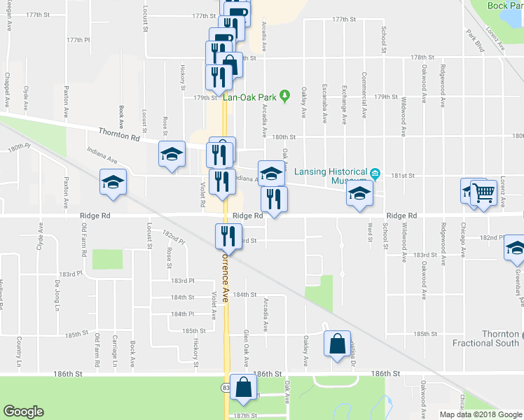 map of restaurants, bars, coffee shops, grocery stores, and more near 2458 Ridge Road in Lansing