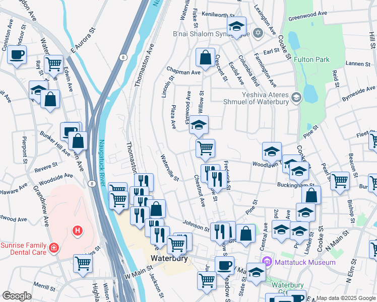 map of restaurants, bars, coffee shops, grocery stores, and more near 26 Ludlow Street in Waterbury