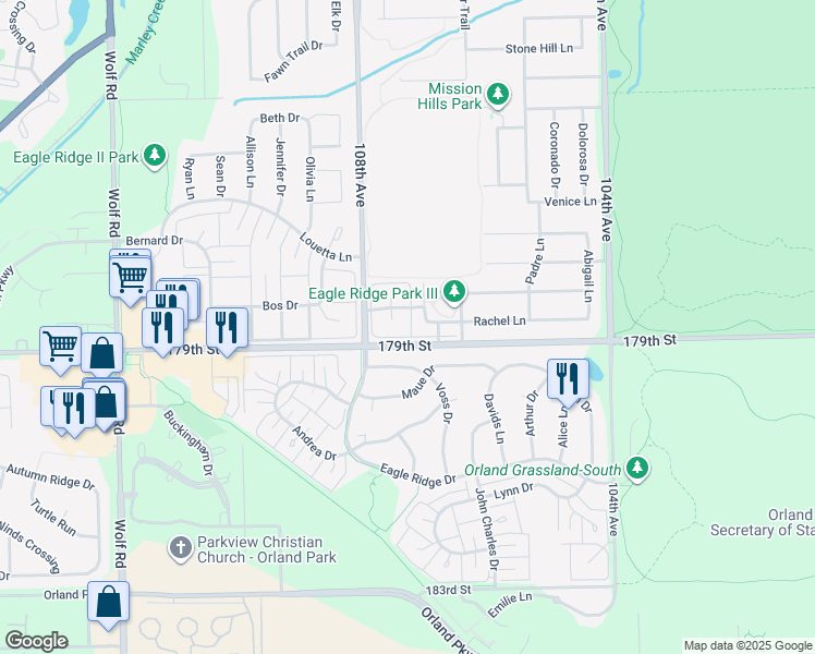 map of restaurants, bars, coffee shops, grocery stores, and more near 10657 Rachel Lane in Orland Park