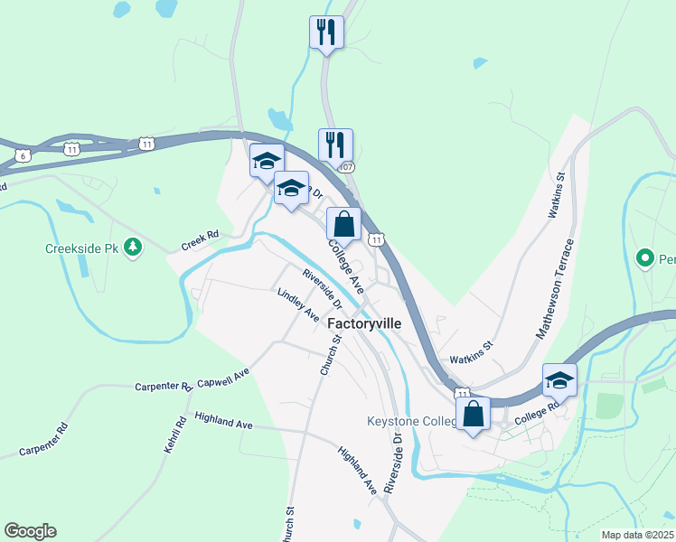 map of restaurants, bars, coffee shops, grocery stores, and more near College Avenue in Factoryville
