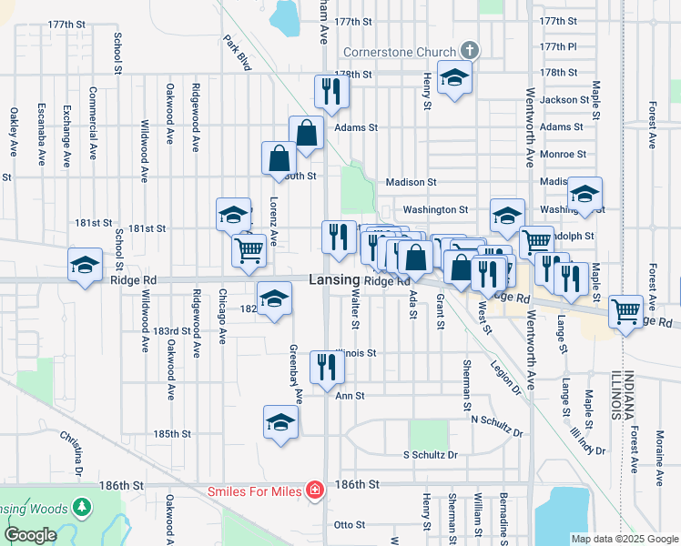 map of restaurants, bars, coffee shops, grocery stores, and more near 3222 Ridge Road in Lansing
