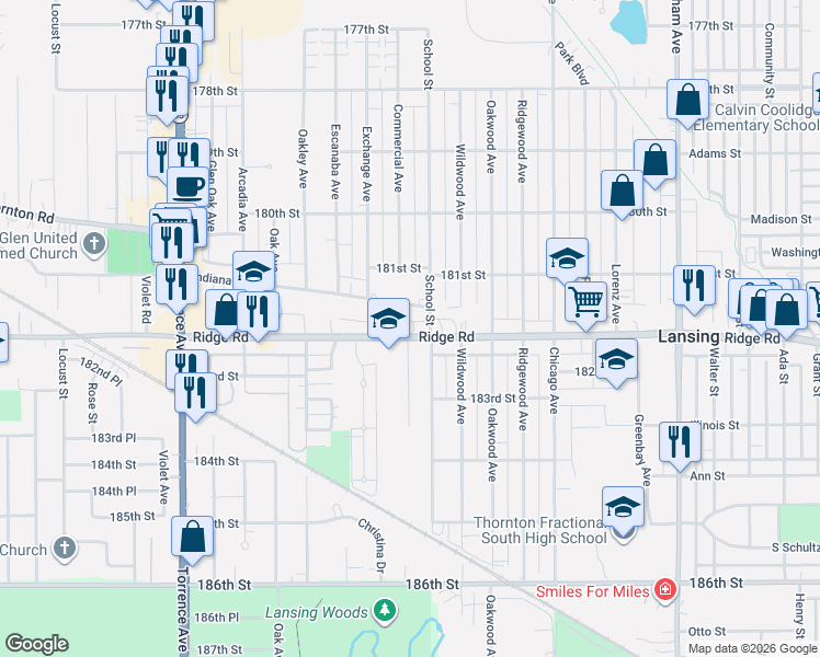 map of restaurants, bars, coffee shops, grocery stores, and more near 2722 Ridge Road in Lansing