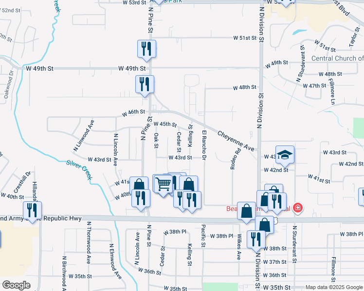 map of restaurants, bars, coffee shops, grocery stores, and more near 4327 Cedar Street in Davenport