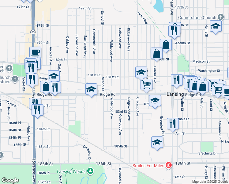 map of restaurants, bars, coffee shops, grocery stores, and more near 2842 Ridge Road in Lansing