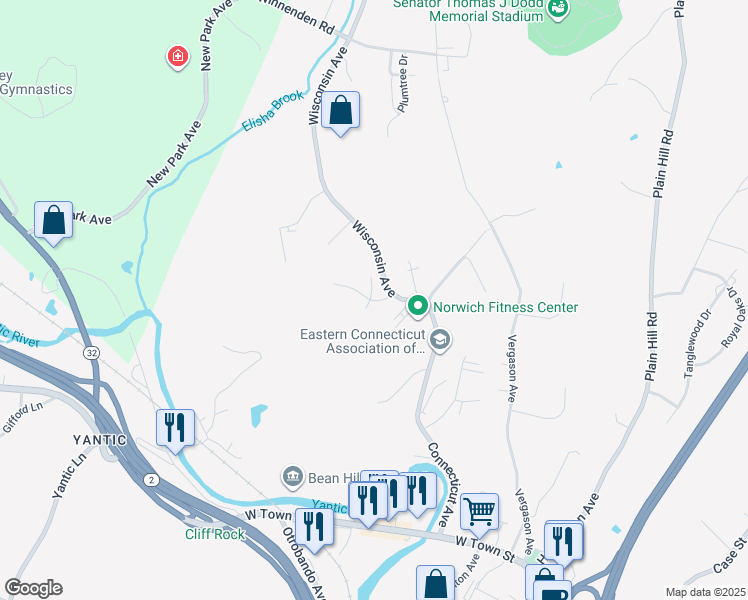 map of restaurants, bars, coffee shops, grocery stores, and more near 5 Woods Drive in Norwich