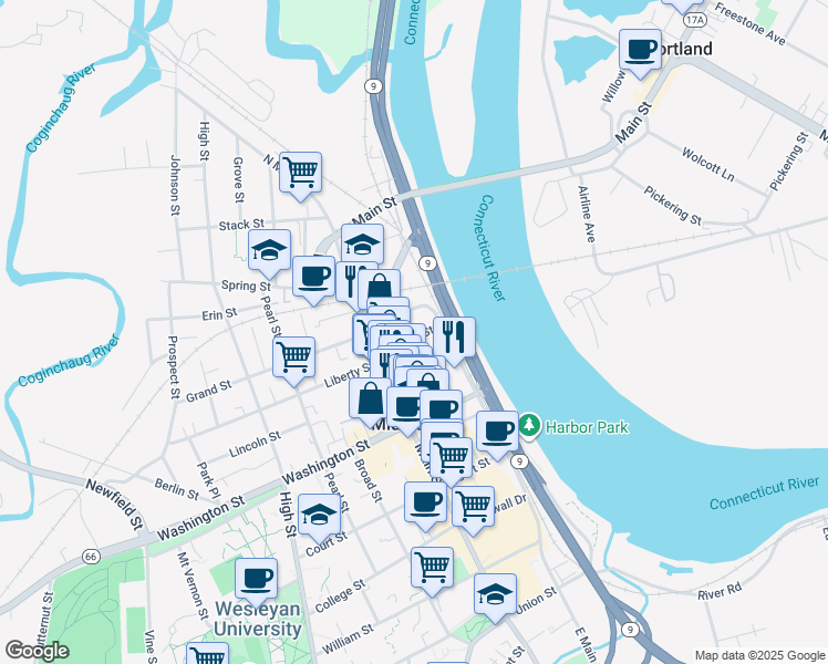 map of restaurants, bars, coffee shops, grocery stores, and more near 44 Green Street in Middletown