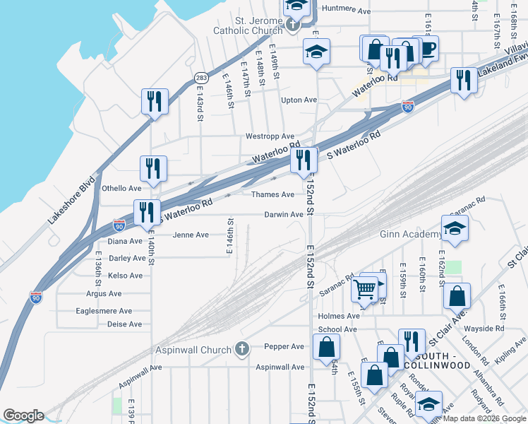 map of restaurants, bars, coffee shops, grocery stores, and more near 14715 Darwin Avenue in Cleveland