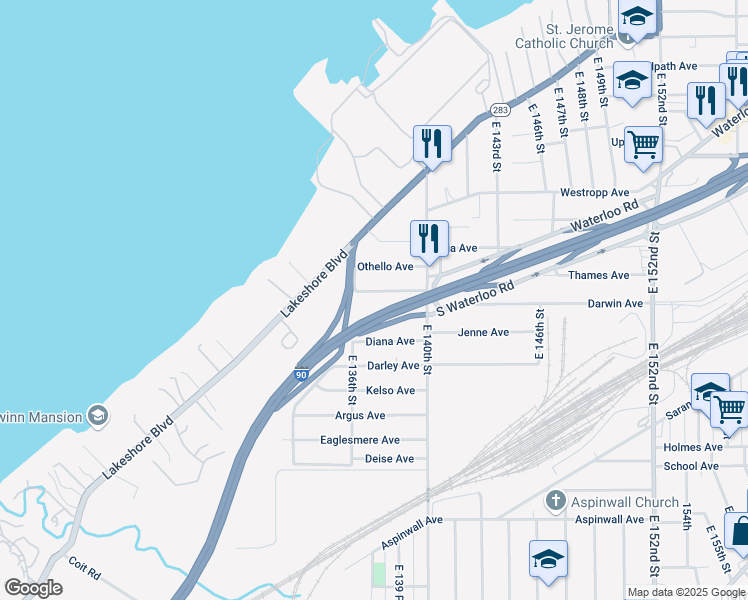 map of restaurants, bars, coffee shops, grocery stores, and more near 13614 Mcelhattan Avenue in Cleveland
