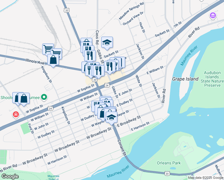 map of restaurants, bars, coffee shops, grocery stores, and more near 122 East William Street in Maumee