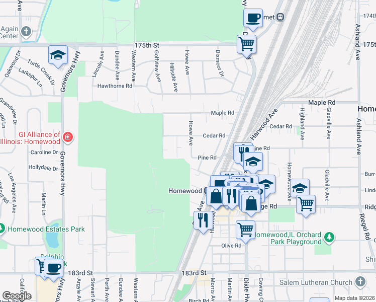 map of restaurants, bars, coffee shops, grocery stores, and more near 17846 Howe Avenue in Homewood