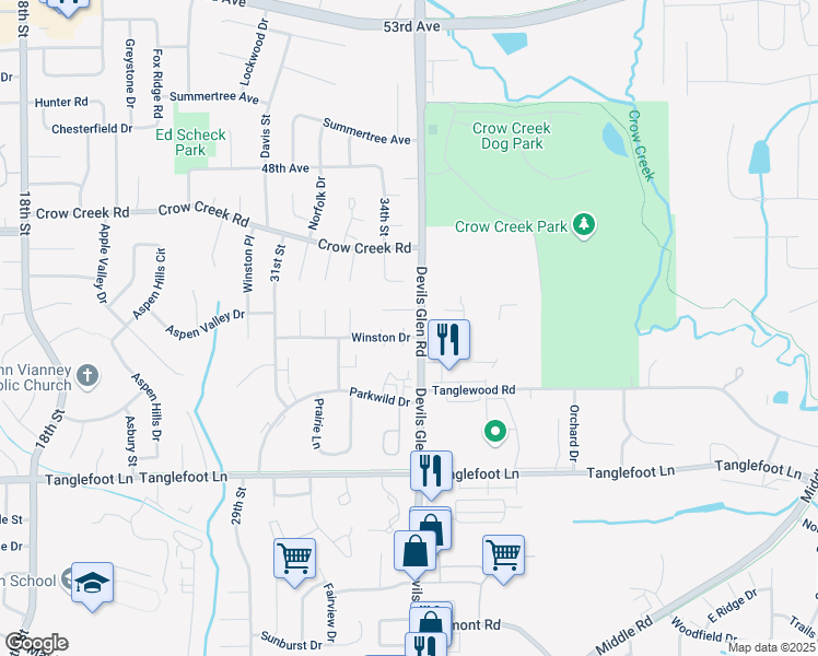 map of restaurants, bars, coffee shops, grocery stores, and more near 3430 Winston Drive in Bettendorf