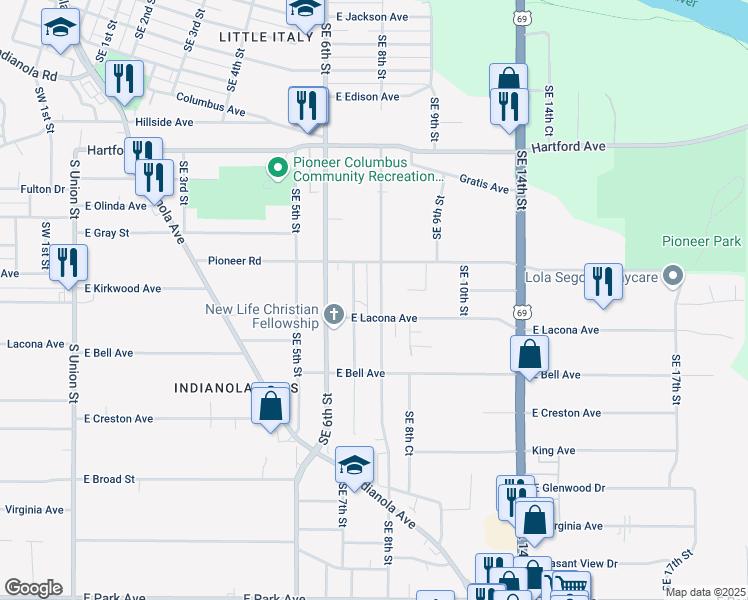 map of restaurants, bars, coffee shops, grocery stores, and more near 2336 Southeast 8th Street in Des Moines