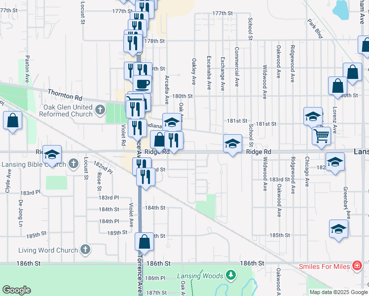 map of restaurants, bars, coffee shops, grocery stores, and more near 2540 Ridge Road in Lansing