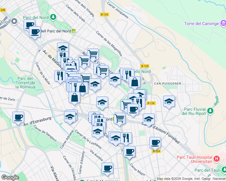 map of restaurants, bars, coffee shops, grocery stores, and more near 15 Carrer d'Ordesa in Sabadell