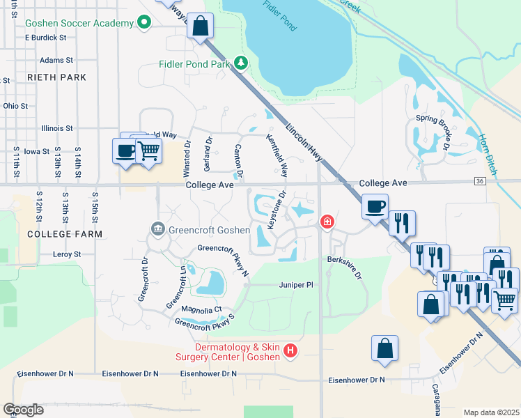 map of restaurants, bars, coffee shops, grocery stores, and more near 2010 Stratford Court in Goshen