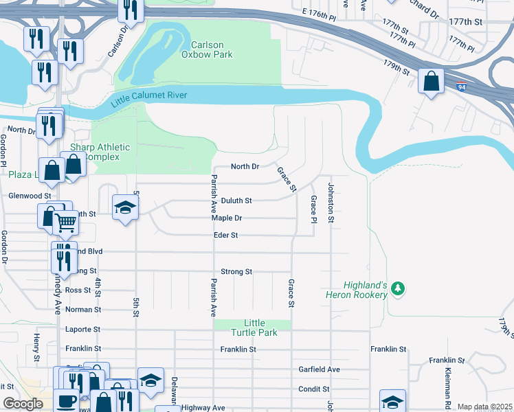 map of restaurants, bars, coffee shops, grocery stores, and more near 3318 Duluth Street in Highland