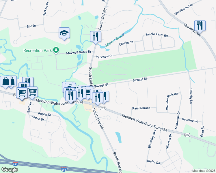 map of restaurants, bars, coffee shops, grocery stores, and more near 64 Savage Street in Southington