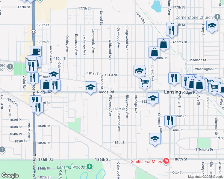 map of restaurants, bars, coffee shops, grocery stores, and more near 2838 Ridge Road in Lansing