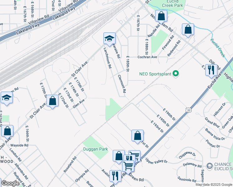 map of restaurants, bars, coffee shops, grocery stores, and more near 1546 Larchmont Road in Cleveland