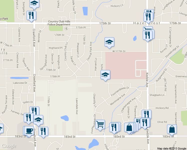 map of restaurants, bars, coffee shops, grocery stores, and more near 3560 School Drive in Country Club Hills