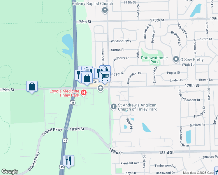 map of restaurants, bars, coffee shops, grocery stores, and more near 17900 94th Avenue in Tinley Park