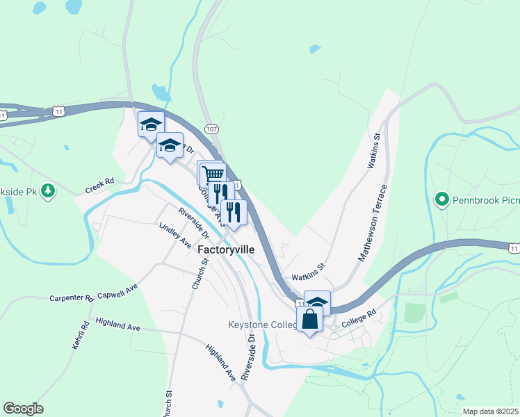 map of restaurants, bars, coffee shops, grocery stores, and more near 336 Sr 6/11 in Factoryville