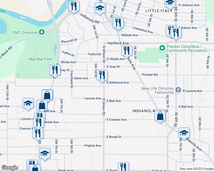 map of restaurants, bars, coffee shops, grocery stores, and more near 21 East Kirkwood Avenue in Des Moines
