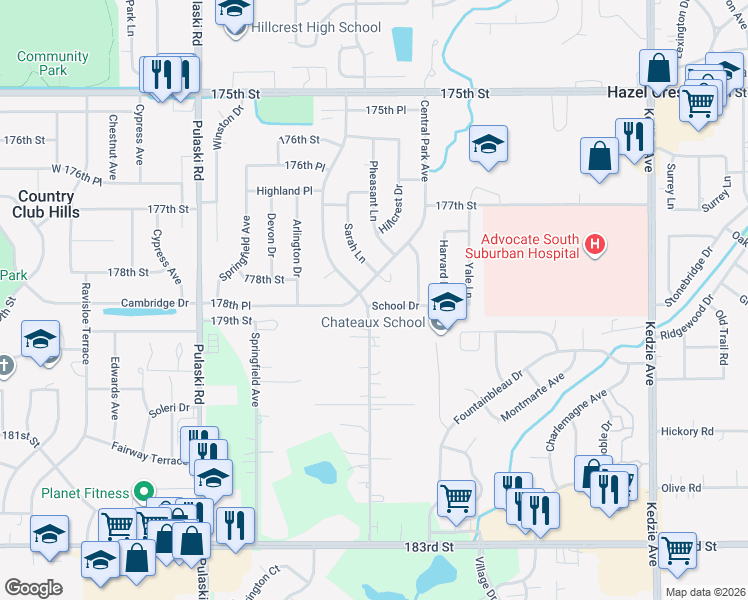 map of restaurants, bars, coffee shops, grocery stores, and more near 3690 School Drive in Country Club Hills