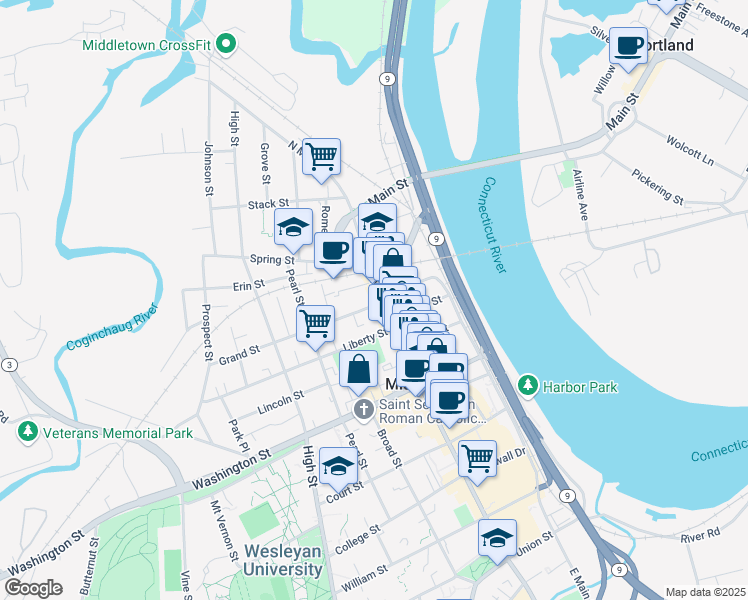 map of restaurants, bars, coffee shops, grocery stores, and more near 10 Grand Street in Middletown
