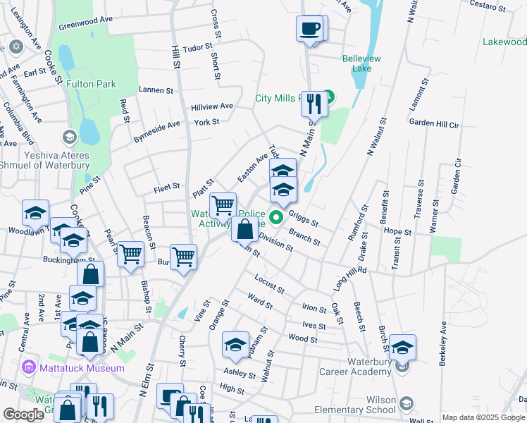 map of restaurants, bars, coffee shops, grocery stores, and more near 33 Robinson Street in Waterbury