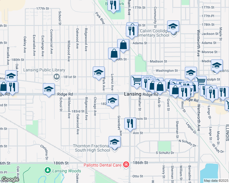 map of restaurants, bars, coffee shops, grocery stores, and more near 3108 Ridge Road in Lansing