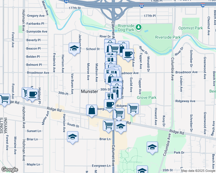 map of restaurants, bars, coffee shops, grocery stores, and more near 8141 Jefferson Ave in Munster