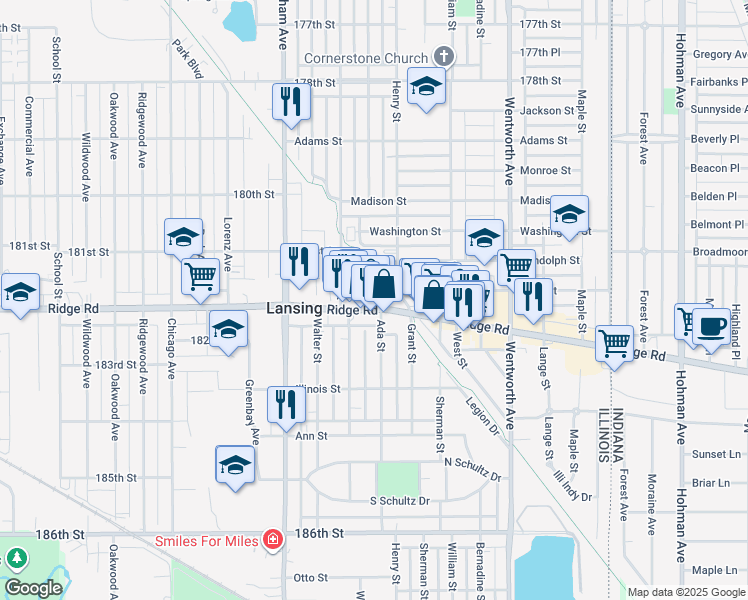 map of restaurants, bars, coffee shops, grocery stores, and more near 3336 Ridge Road in Lansing