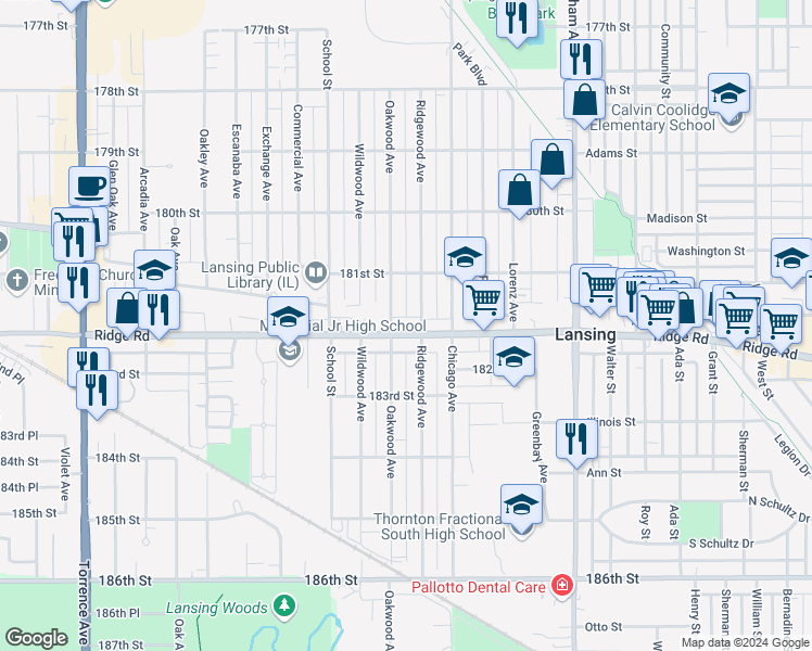 map of restaurants, bars, coffee shops, grocery stores, and more near 2924 Ridge Rd in Lansing