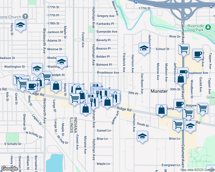 map of restaurants, bars, coffee shops, grocery stores, and more near 8142 Highland Place in Munster