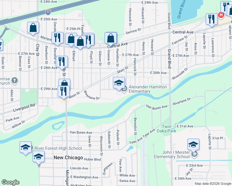 map of restaurants, bars, coffee shops, grocery stores, and more near 1201 East 29th Avenue in Lake Station