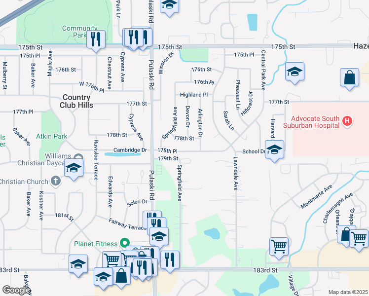 map of restaurants, bars, coffee shops, grocery stores, and more near 3870 178th Place in Country Club Hills