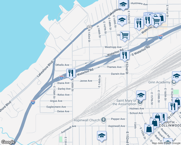 map of restaurants, bars, coffee shops, grocery stores, and more near 14323 Darwin Avenue in Cleveland
