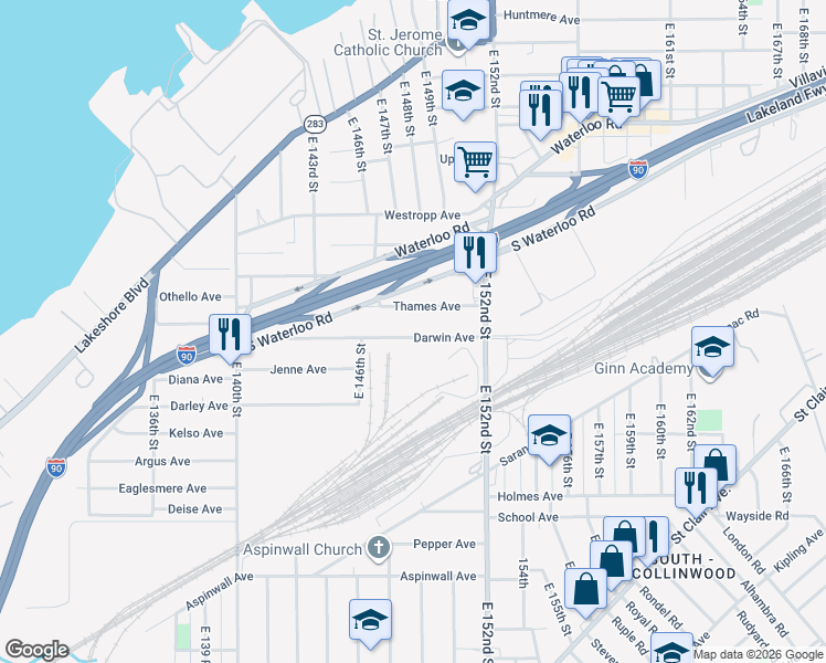 map of restaurants, bars, coffee shops, grocery stores, and more near 14715 Darwin Avenue in Cleveland