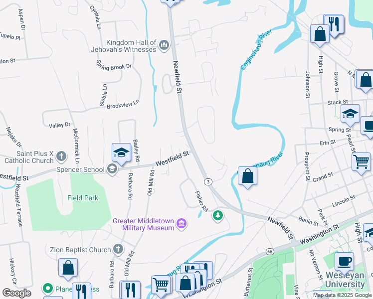 map of restaurants, bars, coffee shops, grocery stores, and more near 221 Newfield Street in Middletown