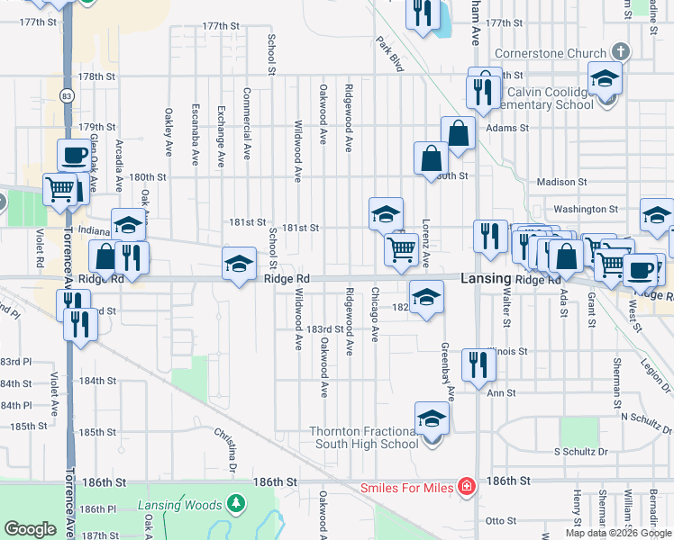 map of restaurants, bars, coffee shops, grocery stores, and more near 2924 Ridge Road in Lansing