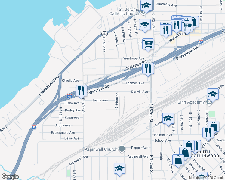 map of restaurants, bars, coffee shops, grocery stores, and more near 14523 Darwin Avenue in Cleveland
