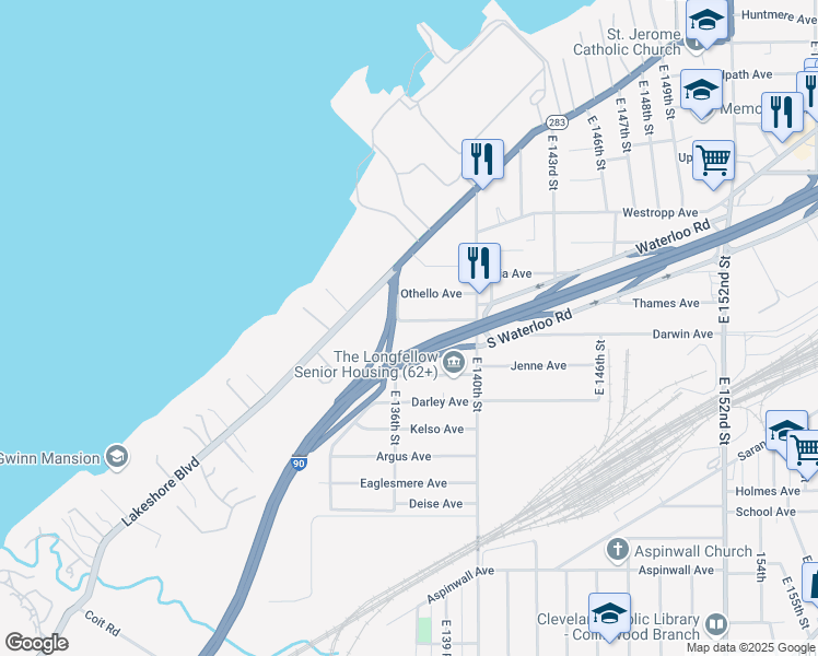map of restaurants, bars, coffee shops, grocery stores, and more near 13614 Mcelhattan Avenue in Cleveland