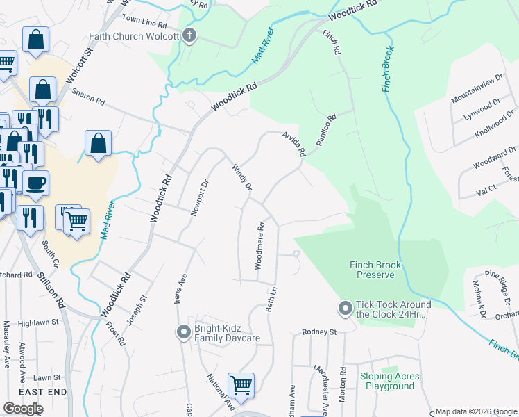 map of restaurants, bars, coffee shops, grocery stores, and more near 377 Beth Lane in Waterbury