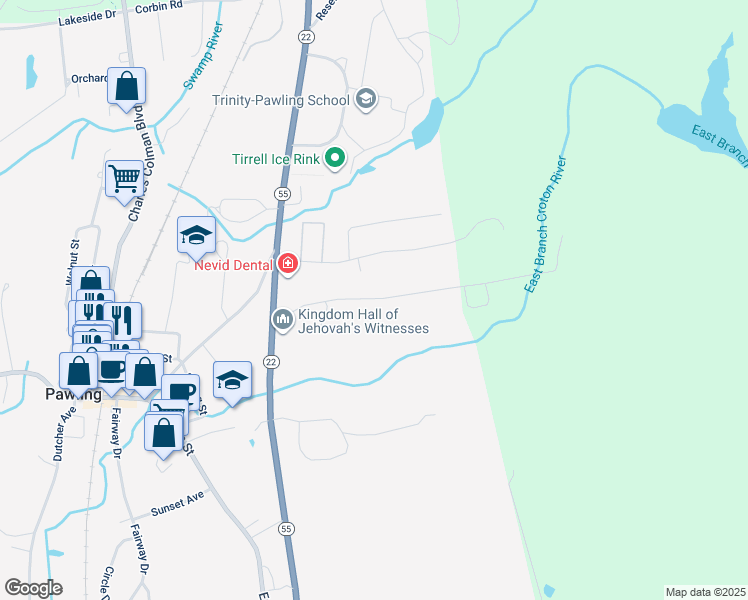 map of restaurants, bars, coffee shops, grocery stores, and more near 33 Gristmill Lane in Pawling